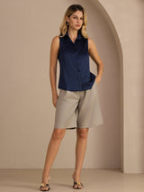 [Mörkblå] SilkSilky-SE Sleeveless Lapel Collar Damskjorta 007