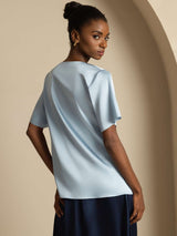 [Gråblå] SilkSilky-SE Short Sleeve Cowl Neck Damblusar 002