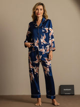 [Mörkblå] SilkSilky-SE Long Sleeve Lapel Collar Dam Pyjama 007