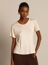 [Beige] SilkSilky-SE Kort Ärm Rund Halsringning Dam T-Shirt 005
