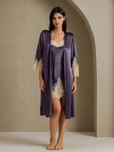 [Lila Grå] SilkSilky-SE 3/4 Sleeve V Neck Dam Nattlinne&Morgonrock Set 011