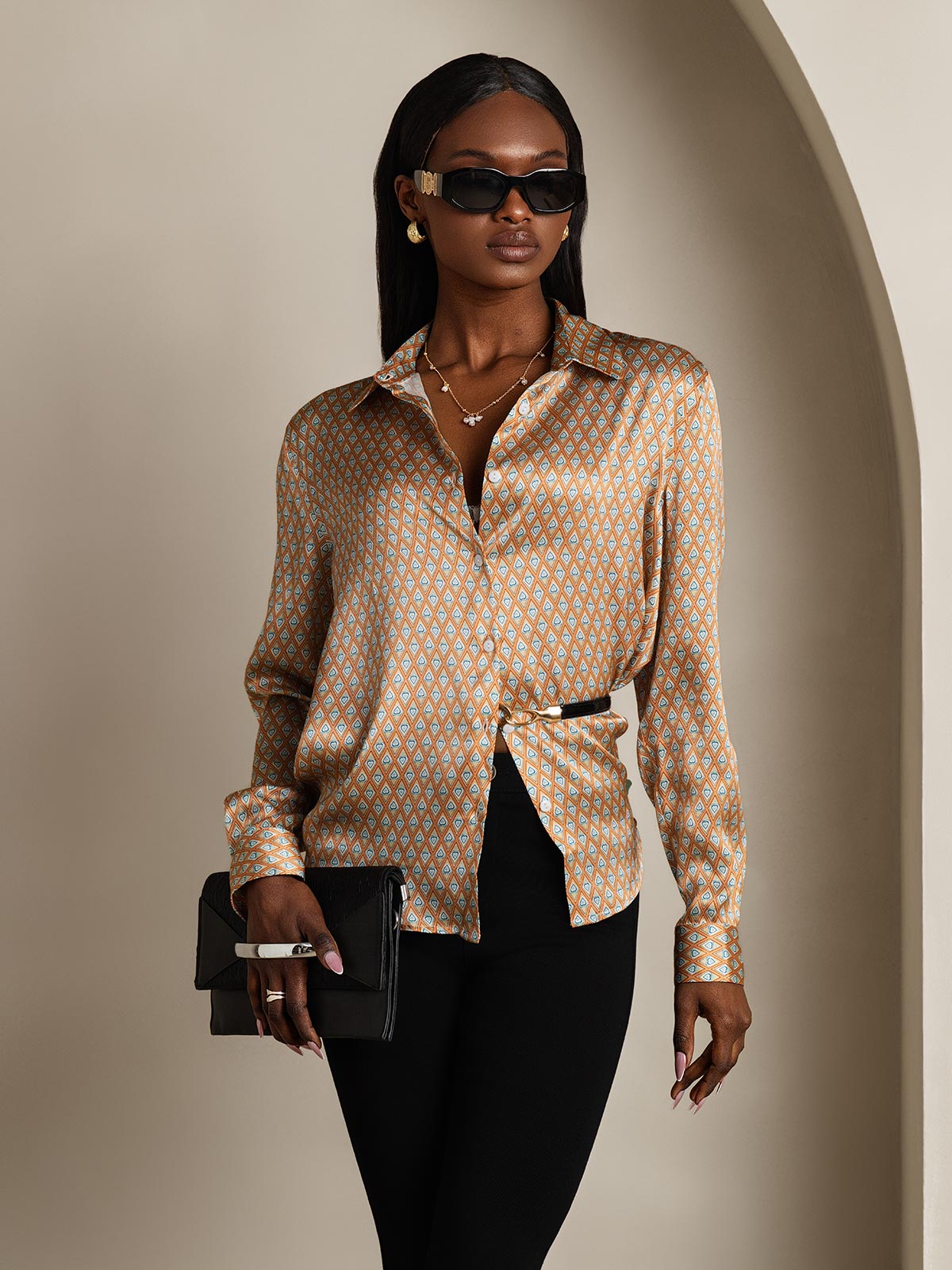 [Floral] SilkSilky-SE Lång Ärm Krage Damskjorta 006