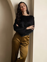 [Svart] SilkSilky-SE Long Sleeve Boat Neck Blus 005