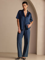 [Mörkblå] SilkSilky-SE Short Sleeve Lapel Collar Damskjorta 007
