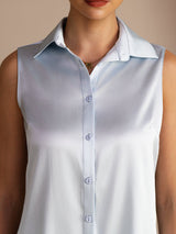 [Ljusblå] SilkSilky-SE Sleeveless Lapel Collar Damskjorta 004