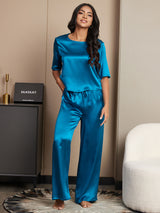 [Kungsblått] SilkSilky-SE Half Sleeve Round Neck Dam Pyjama 004
