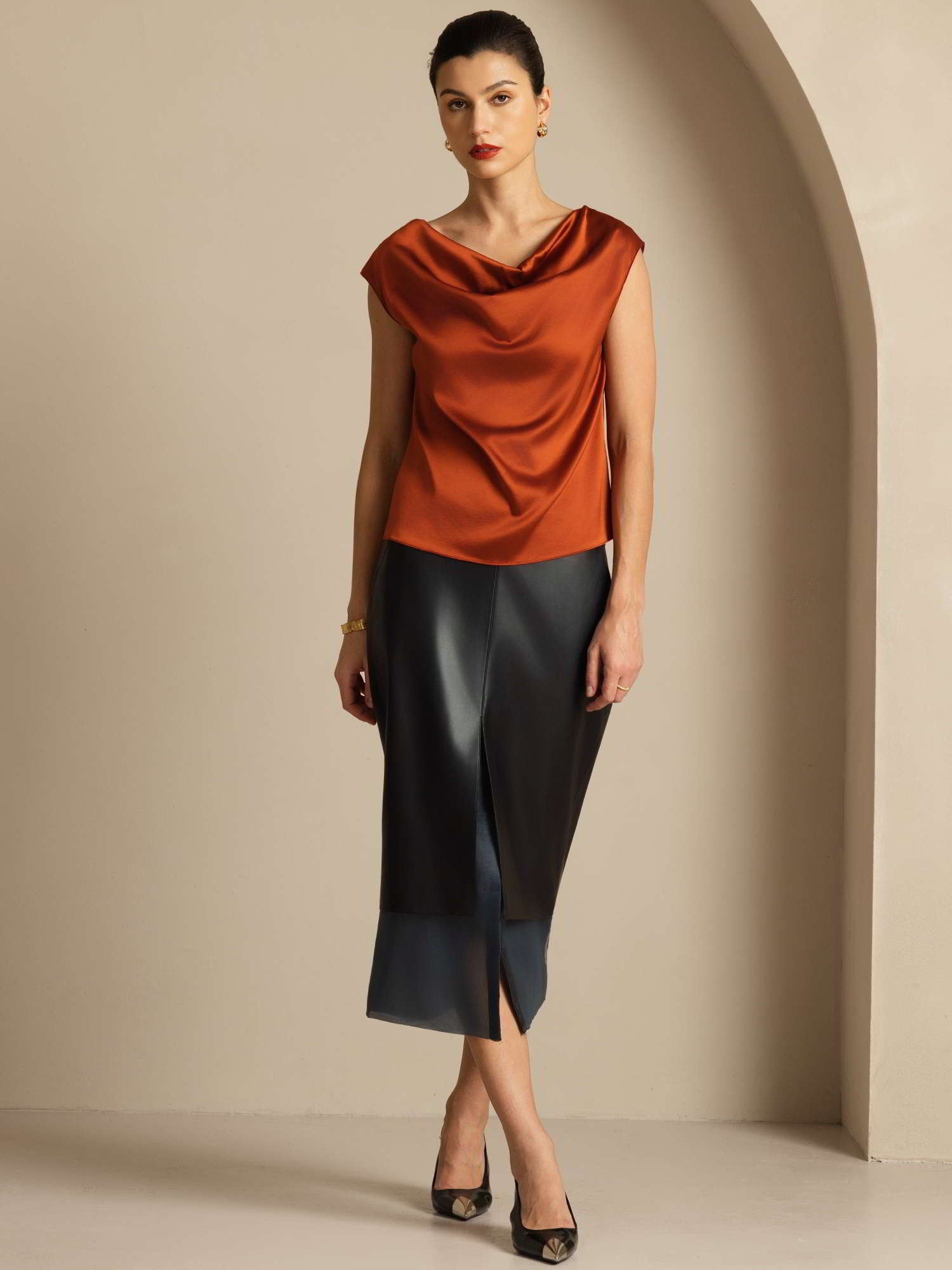 [Kola] SilkSilky-SE 19Momme Kappärm Cowl Halsringning Dam T-Shirt 007