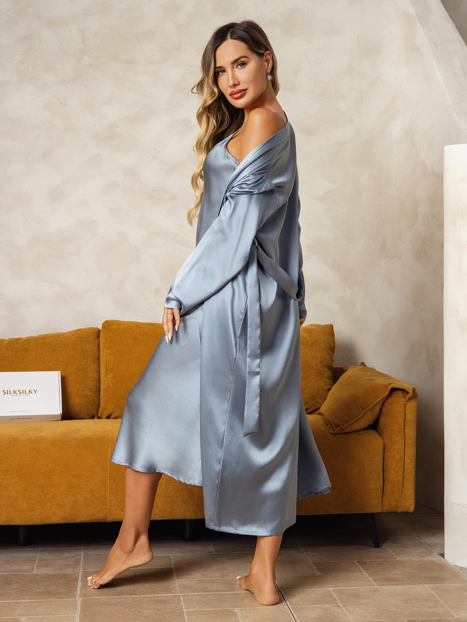 [Gråblå] SilkSilky-SE Rent Silke Nightgown&Robe Set 002