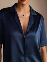 [Mörkblå] SilkSilky-SE Short Sleeve Lapel Collar Damskjorta 004