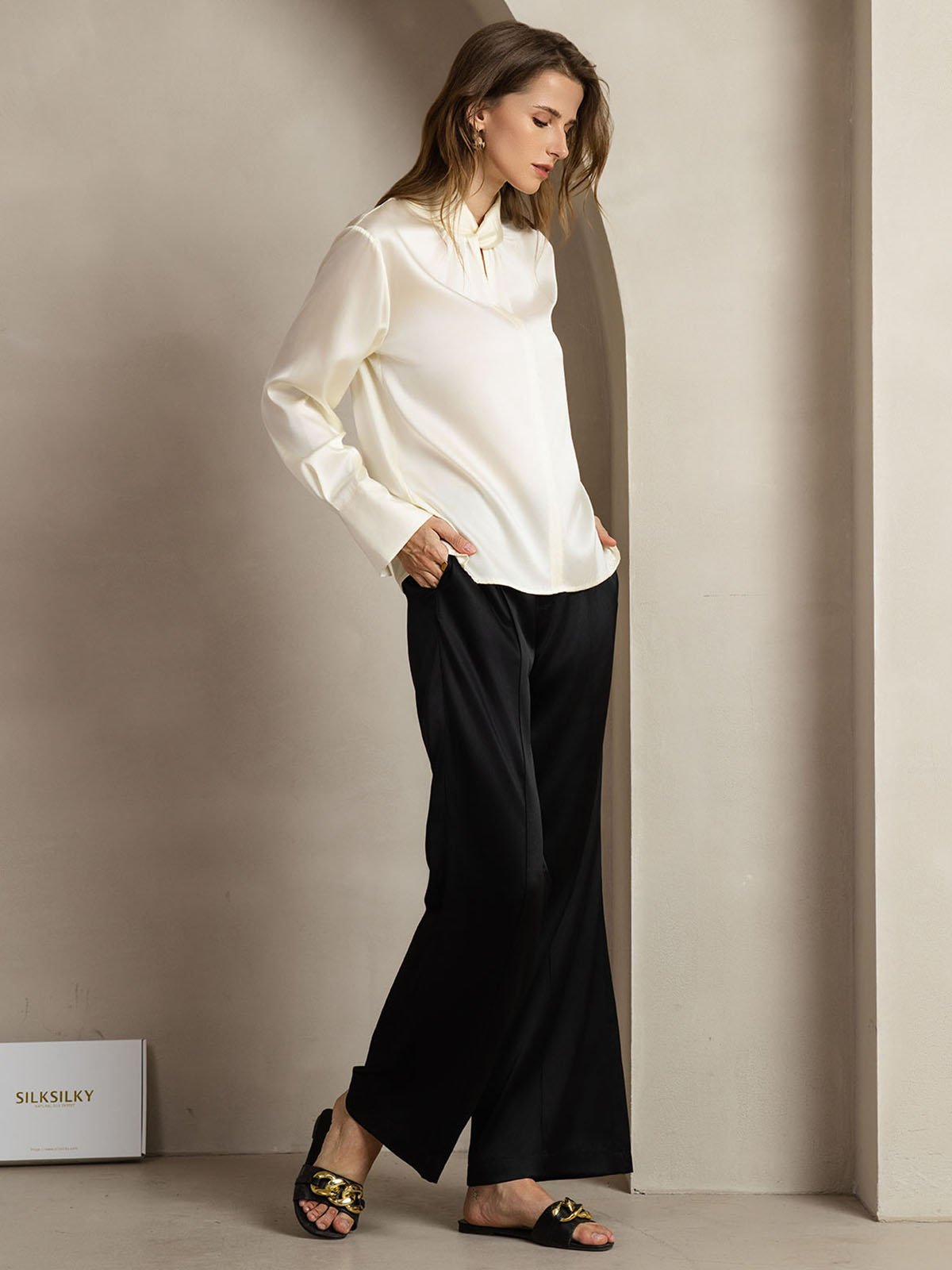 [Elfenben] SilkSilky-SE 19Momme Silke Womens Shirt 011