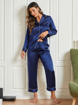 [Mörkblå] SilkSilky-SE Rent Silke Lång Ärm Womens Pajamas 002
