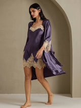 [Lila Grå] SilkSilky-SE 3/4 Sleeve V Neck Dam Nattlinne&Morgonrock Set 003