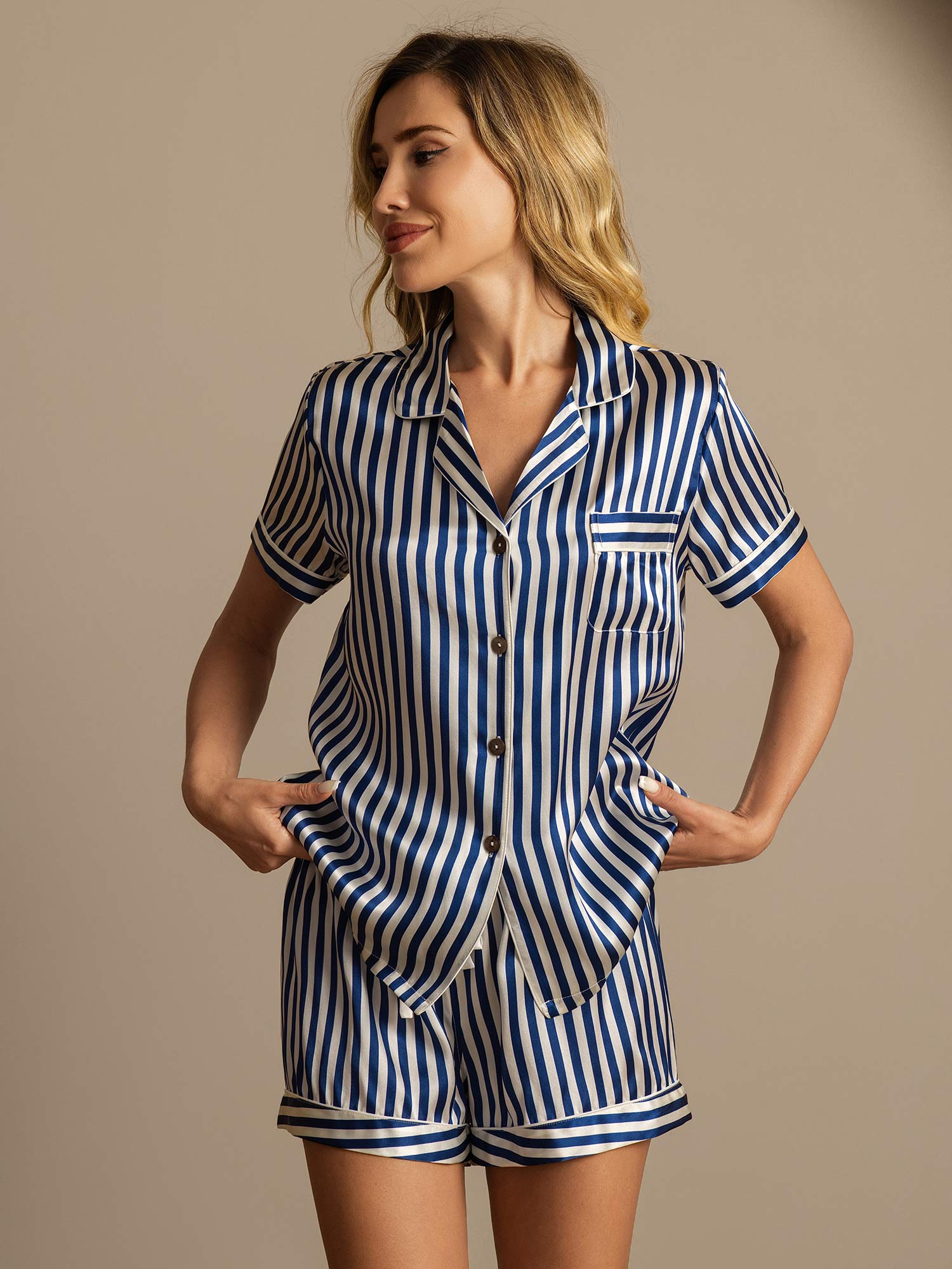 [Mörkblå] SilkSilky-SE Rent Silke Womens Pajamas 004,