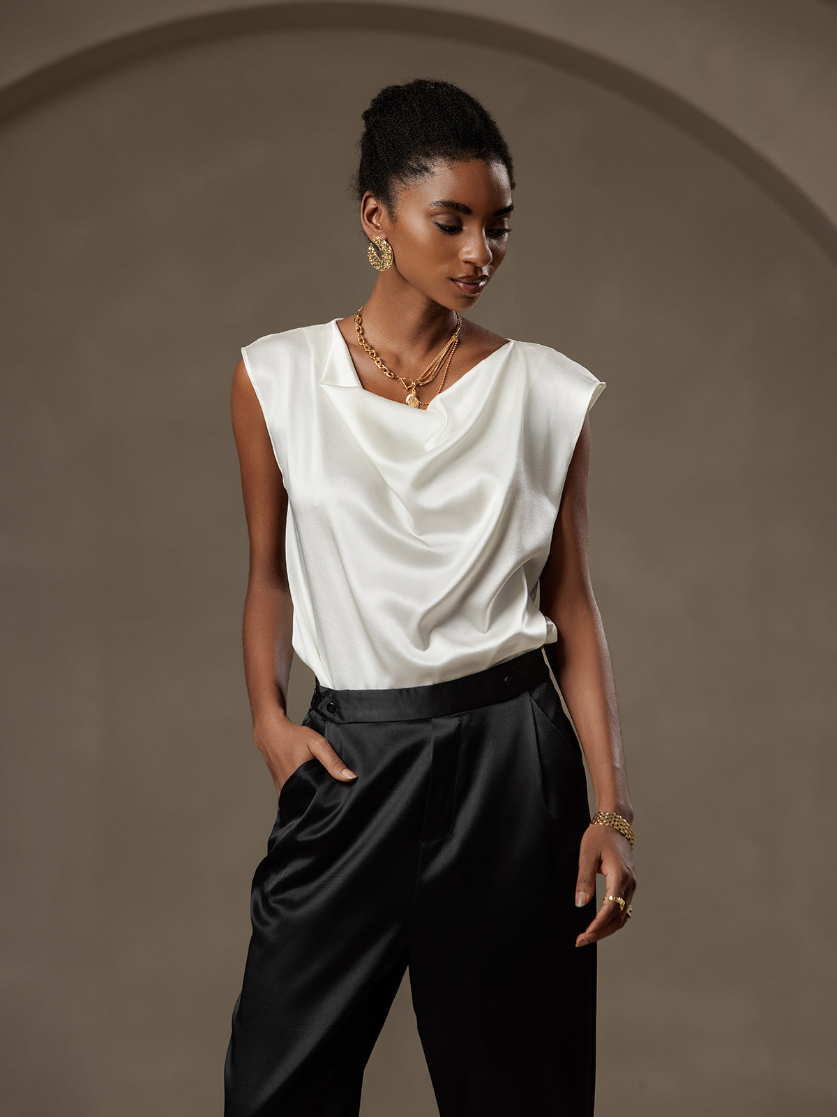 [Svart] SilkSilky-SE 19Momme Silke Womens Pants 004