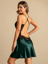 [Smaragdgrön] SilkSilky-SE Spaghetti Strap V Neck Nattlinne 002