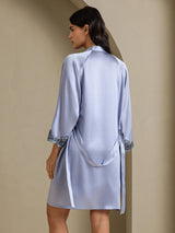 [Stålblå] SilkSilky-SE 3/4 Sleeve V Neck Dam Nattlinne&Morgonrock Set 002