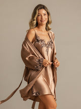 [Brun] SilkSilky-SE 3/4 Sleeve V Neck Dam Nattlinne&Morgonrock Set 007