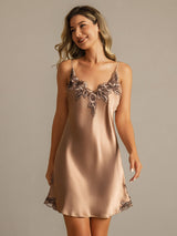 [Brun] SilkSilky-SE Spaghetti Strap V Neck Nattlinne 003