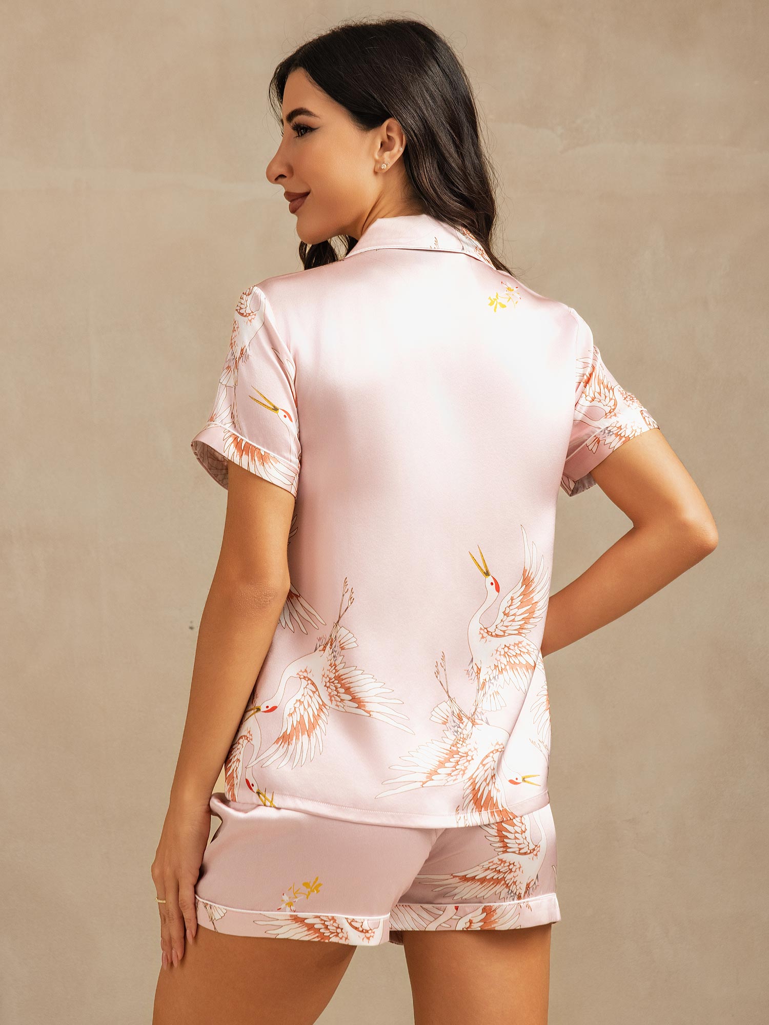 [Rosa] SilkSilky-SE 19Momme Kort Ärm Notchkrage Dam Pyjama 002