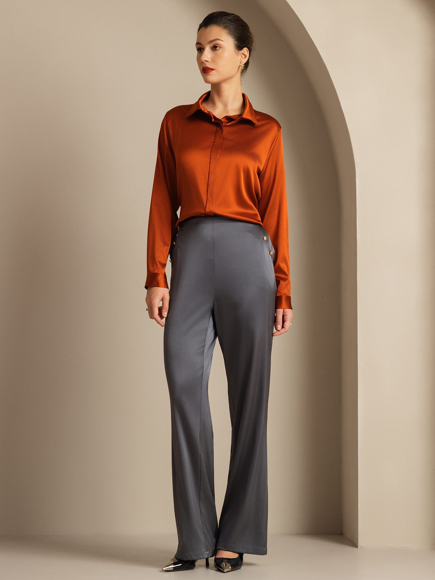 [Mörkgrå] SilkSilky-SE 19Momme Silke Womens Pants 007,