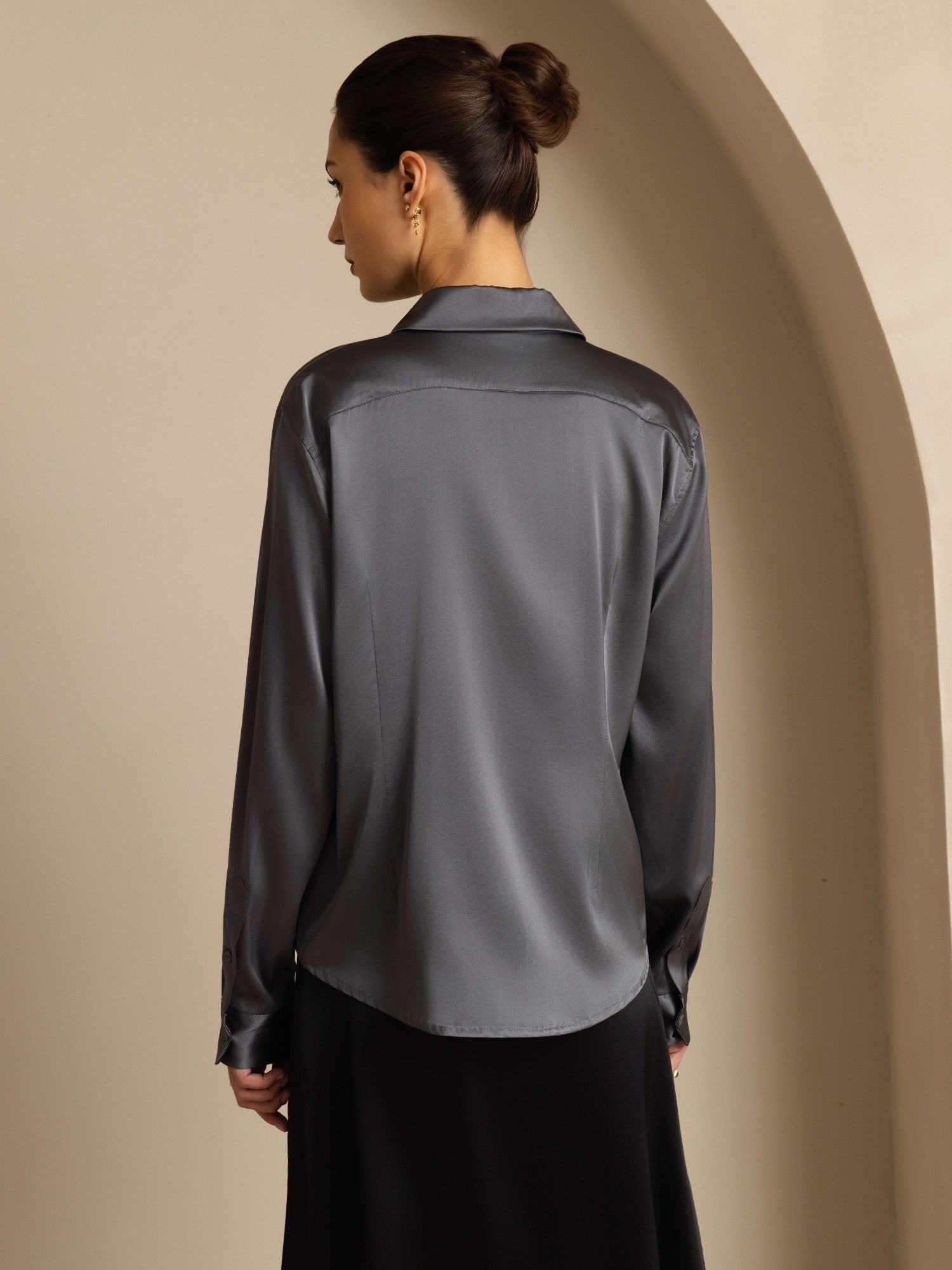 [Mörkgrå] SilkSilky-SE Silke Lång Ärm Krage Damskjorta 002