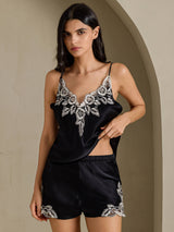 [Svart] SilkSilky-SE Spaghetti Strap V Neck Camisole Set 003