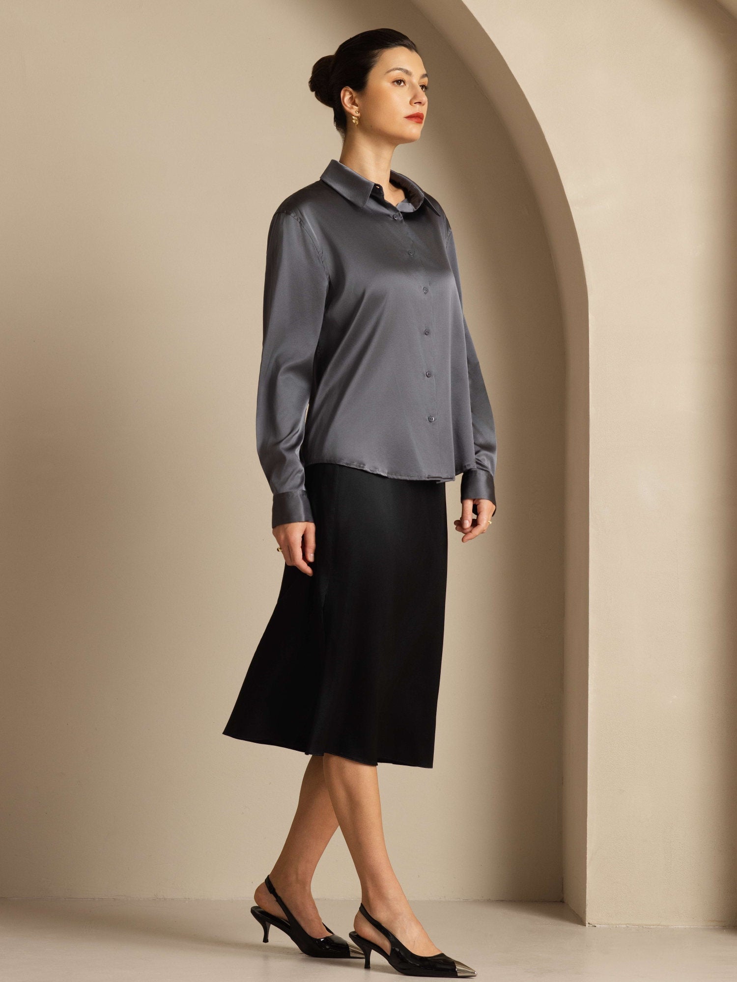 [Mörkgrå] SilkSilky-SE Silke Lång Ärm Krage Damskjorta 004