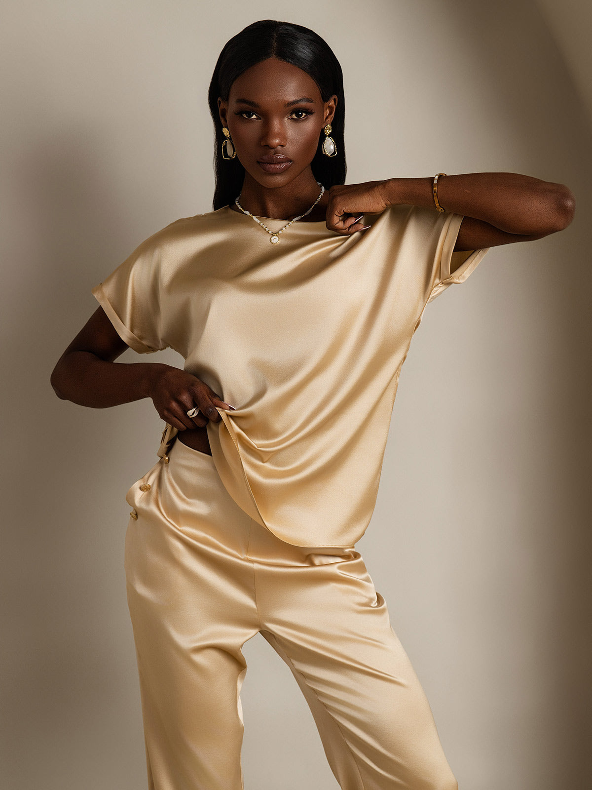 [Champagne] SilkSilky-SE 19Momme Silke Womens T-Shirt 004,