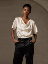 [Beige] SilkSilky-SE Short Sleeve Cowl Neck Damblusar 003