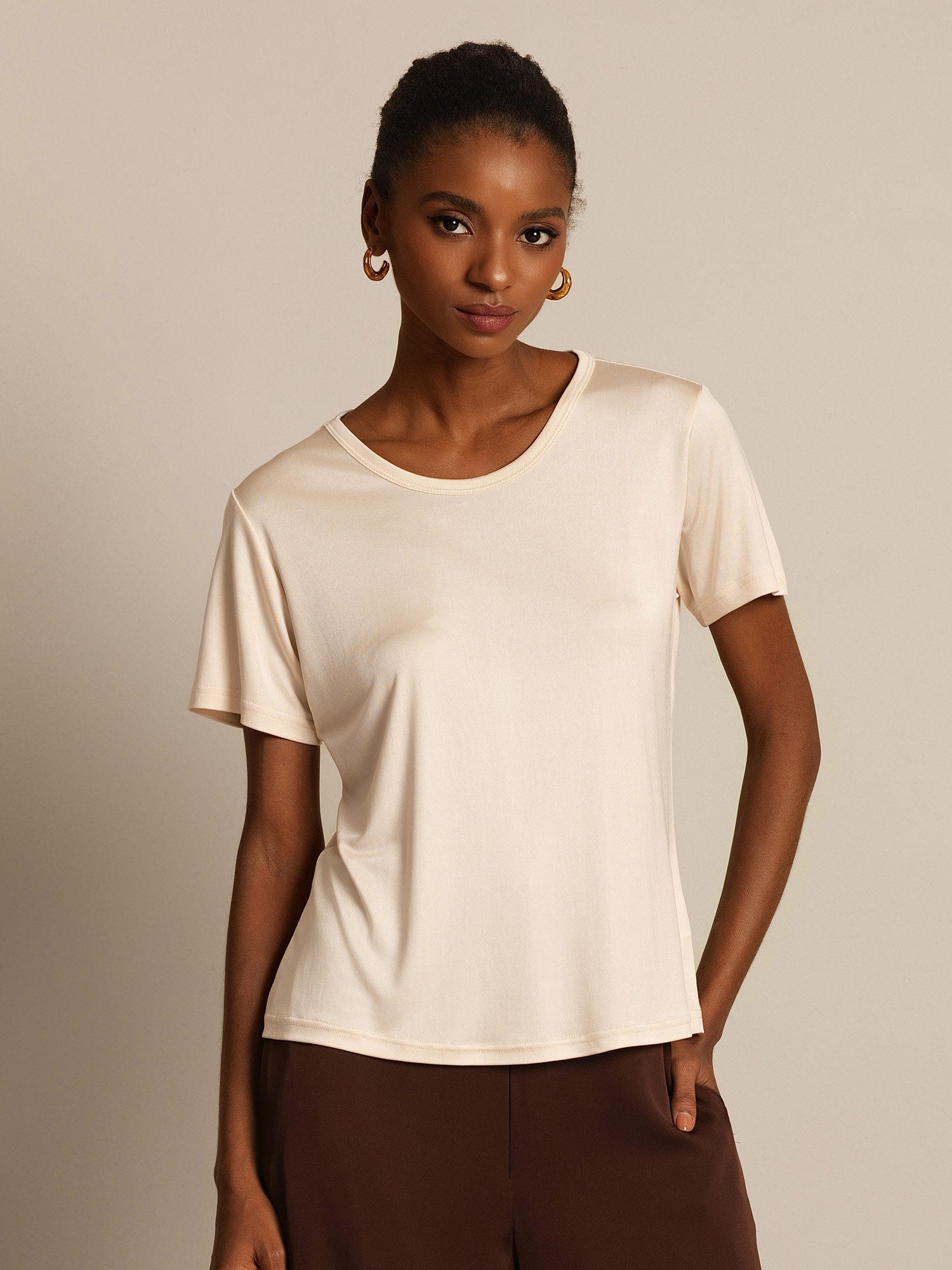 [Beige] SilkSilky-SE Silke Stickad Womens T-Shirt 006,