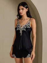 [Svart] SilkSilky-SE Spaghetti Strap V Neck Camisole Set 006