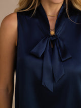 [Mörkblå] SilkSilky-SE Sleeveless Tie Neck Cami Toppar 007