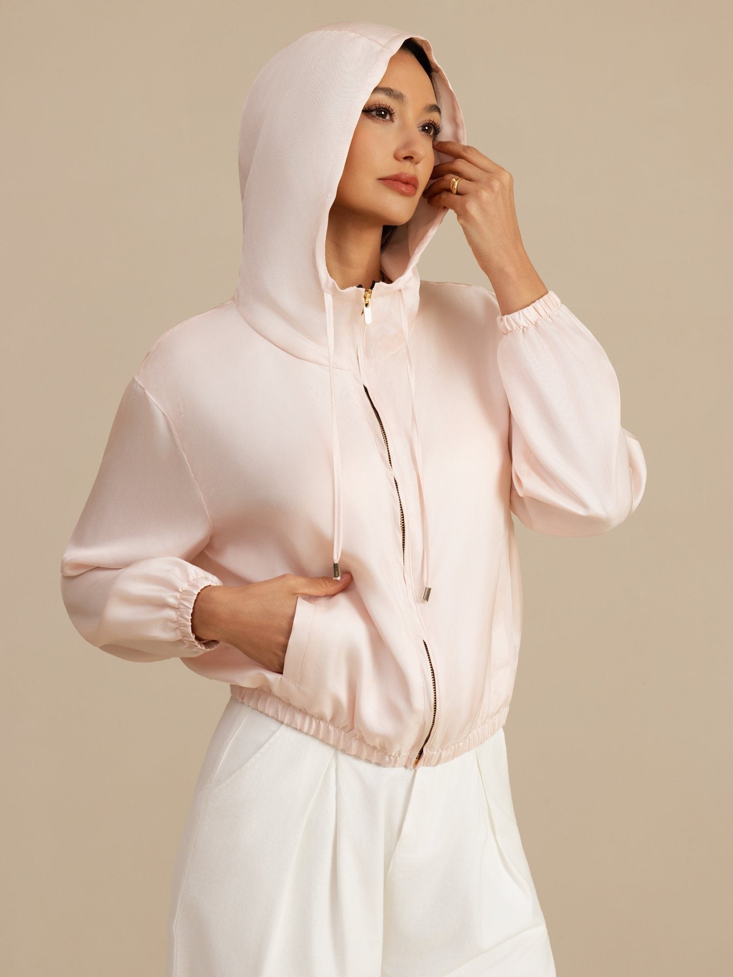 [Rosa] SilkSilky-SE 18Momme Lång Ärm Ståkrage Dam Ytterkläder 001