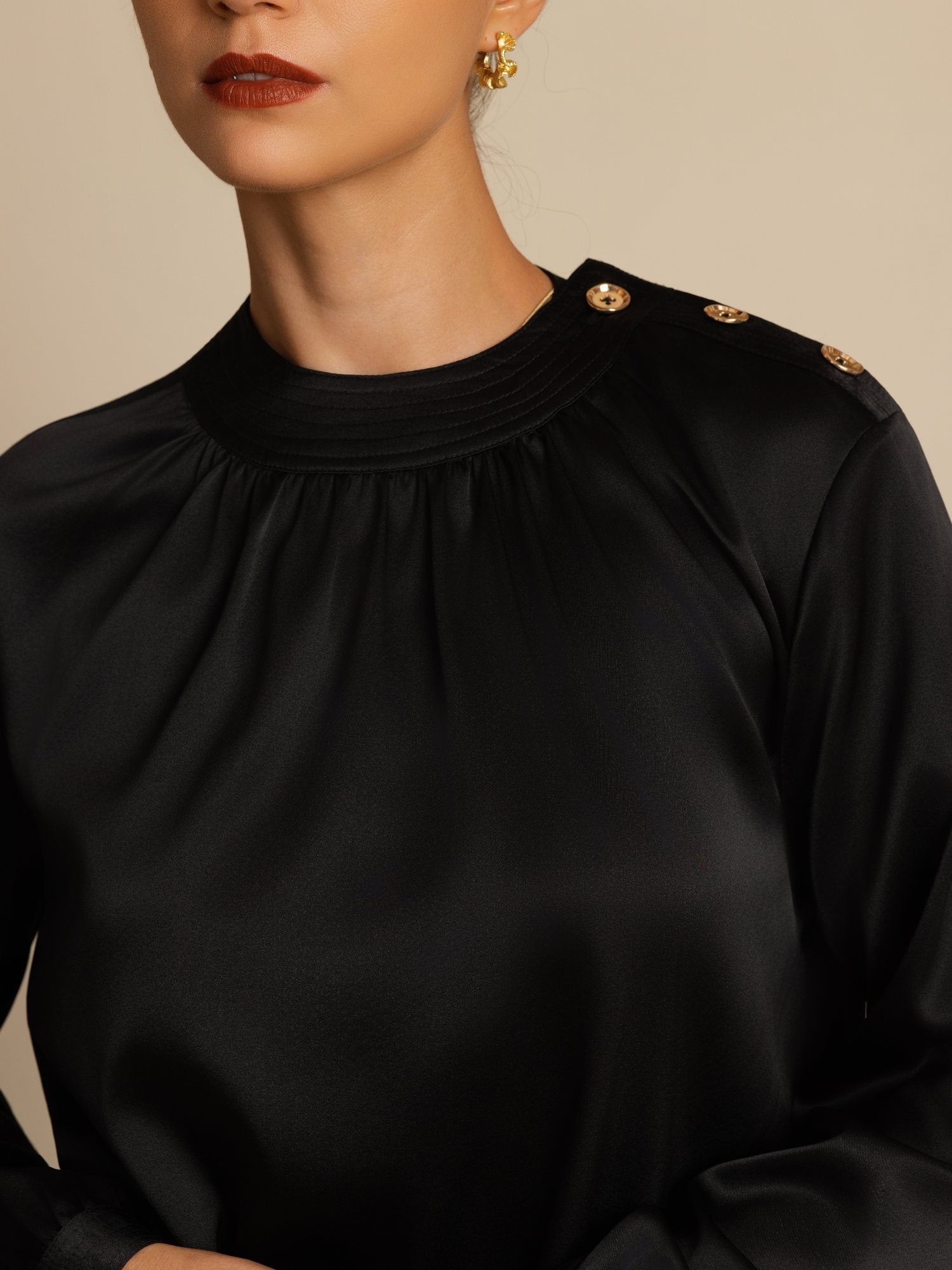 [Svart] SilkSilky-SE 19Momme Silke Lång Ärm Rund Halsringning Blus 005