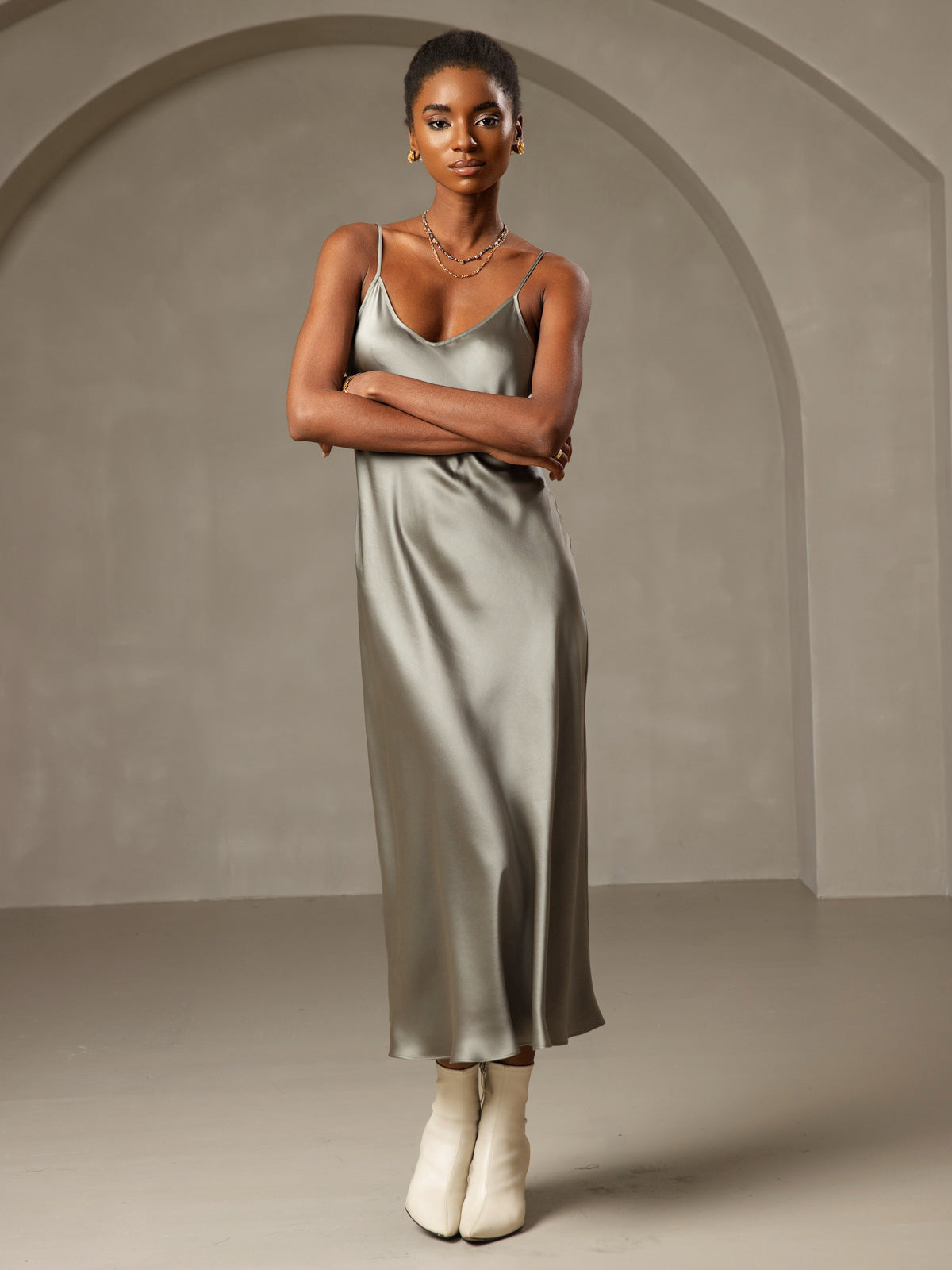 [Grågrön] SilkSilky-SE Rent Silke Dress 001