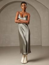 [Grågrön] SilkSilky-SE Spaghetti Strap V Neck Nattlinne 001