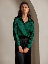 [Mörkgrön] SilkSilky-SE Long Sleeve Lapel Collar Damskjorta 001