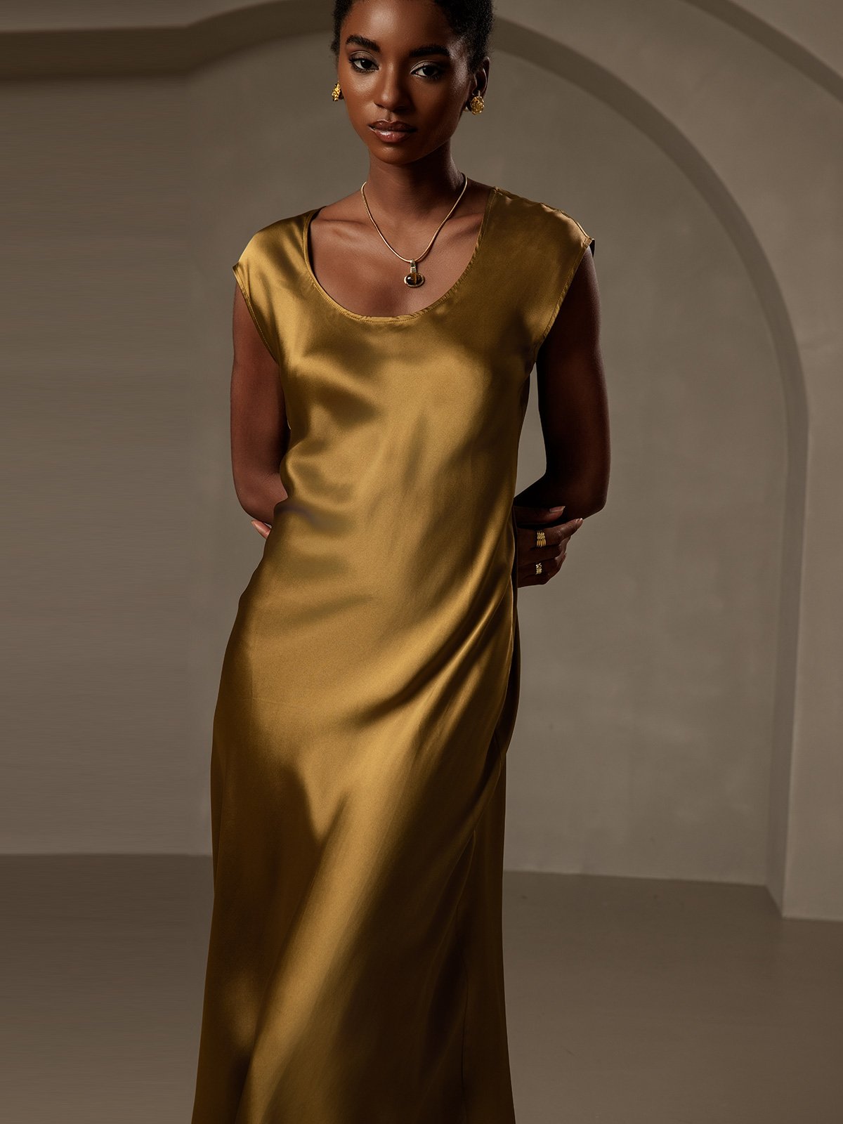 [Brun] SilkSilky-SE 19Momme Silke Ärmlös Dress 003