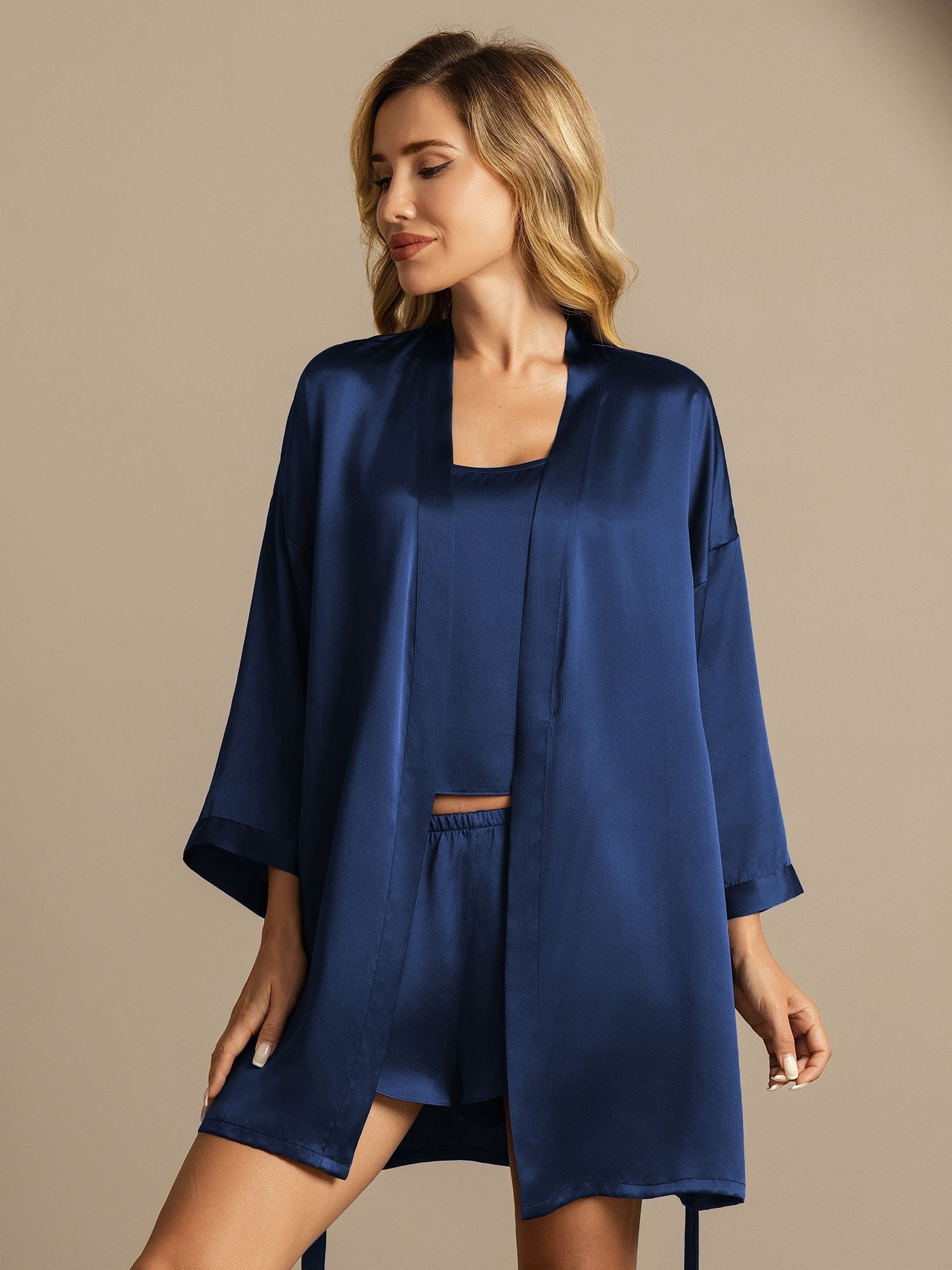 [Mörkblå] SilkSilky-SE Rent Silke Nightgown&Robe Set 007,