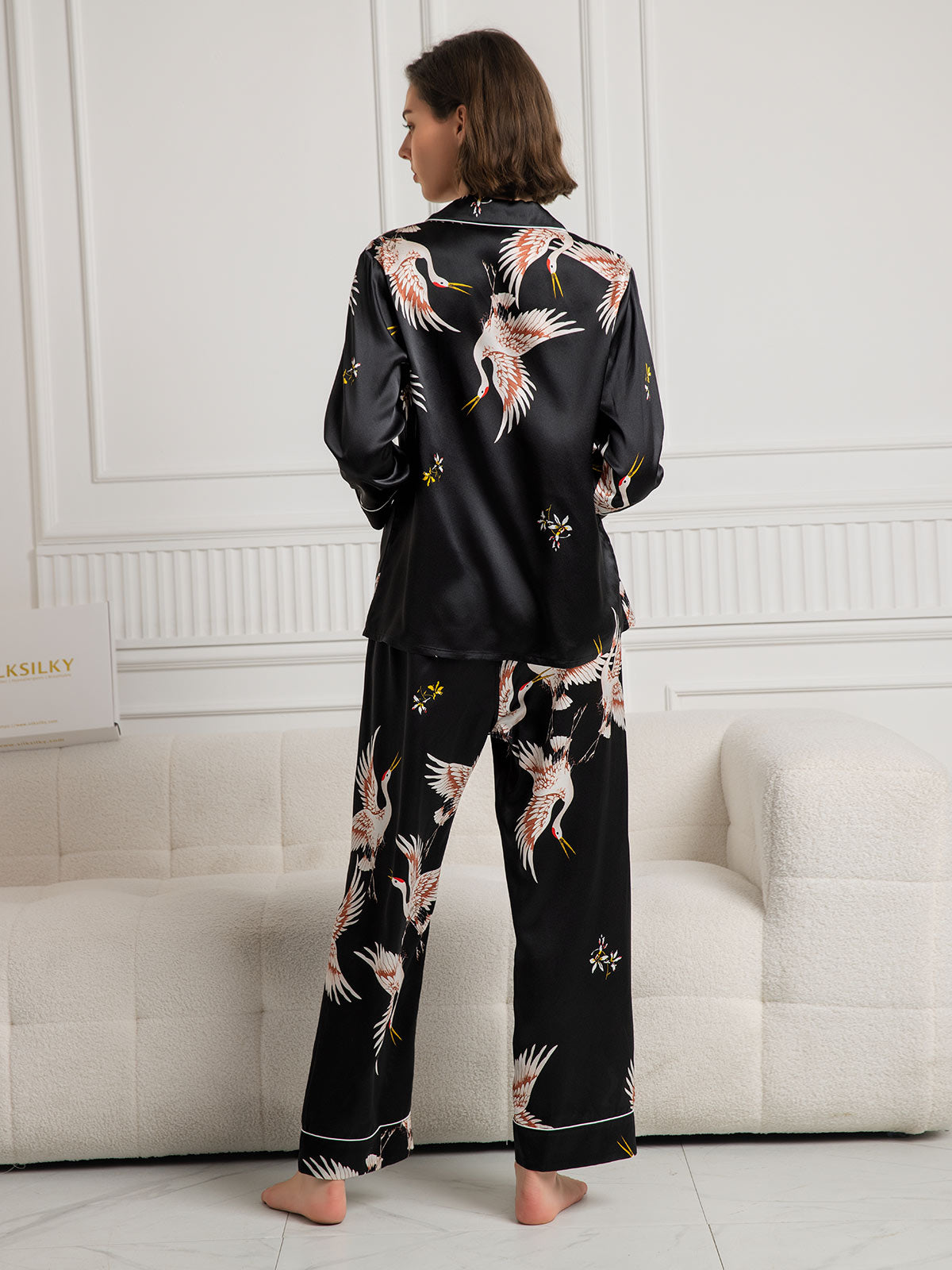 [Svart] SilkSilky-SE 19Momme Rent Silke Womens Pajamas 002