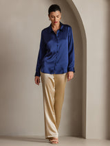 [Mörkblå] SilkSilky-SE Long Sleeve Lapel Collar Damskjorta 005