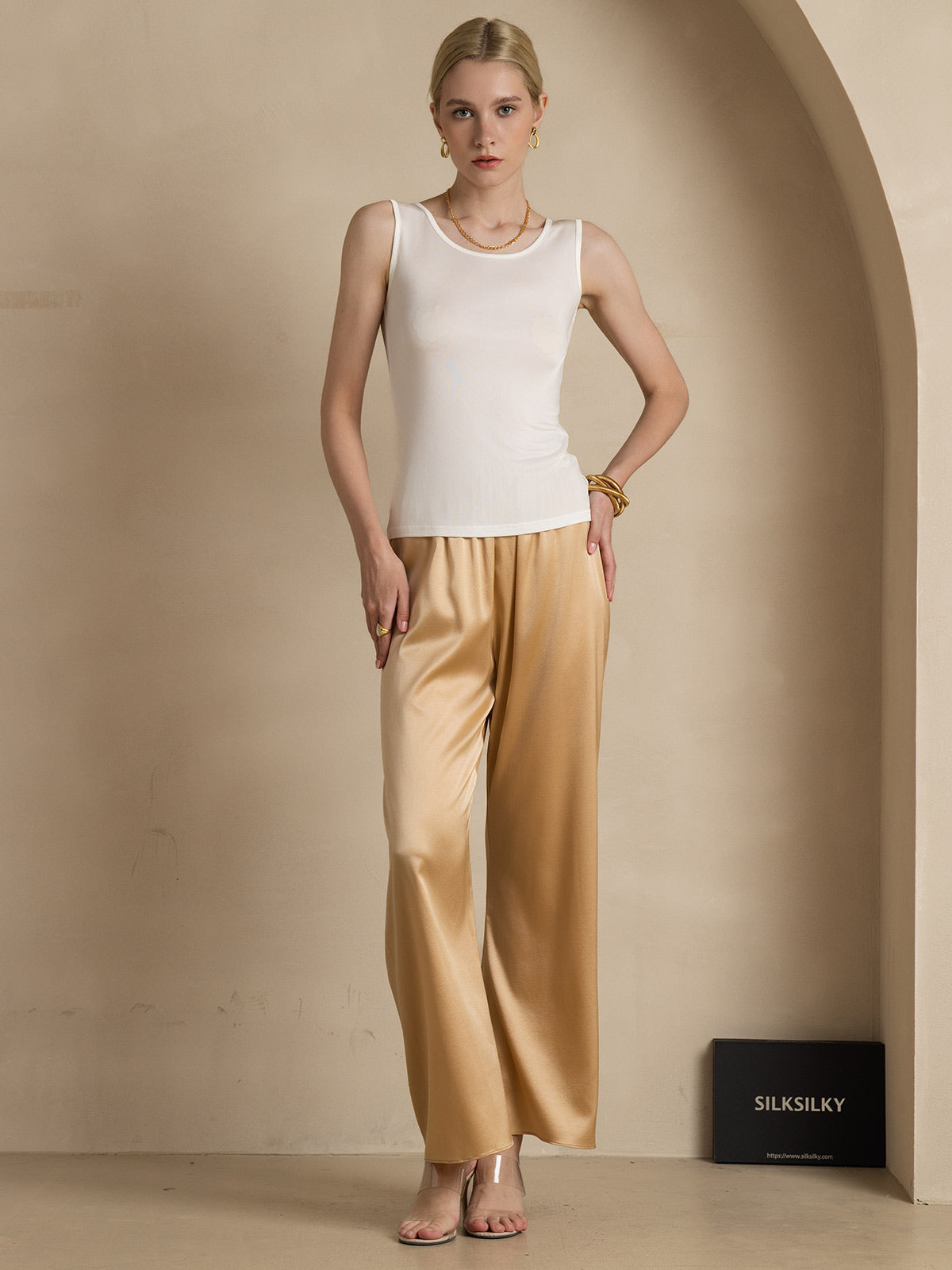 [Vit] SilkSilky-SE Silke Stickad Ärmlös Round Neck Dam T-Shirt 007