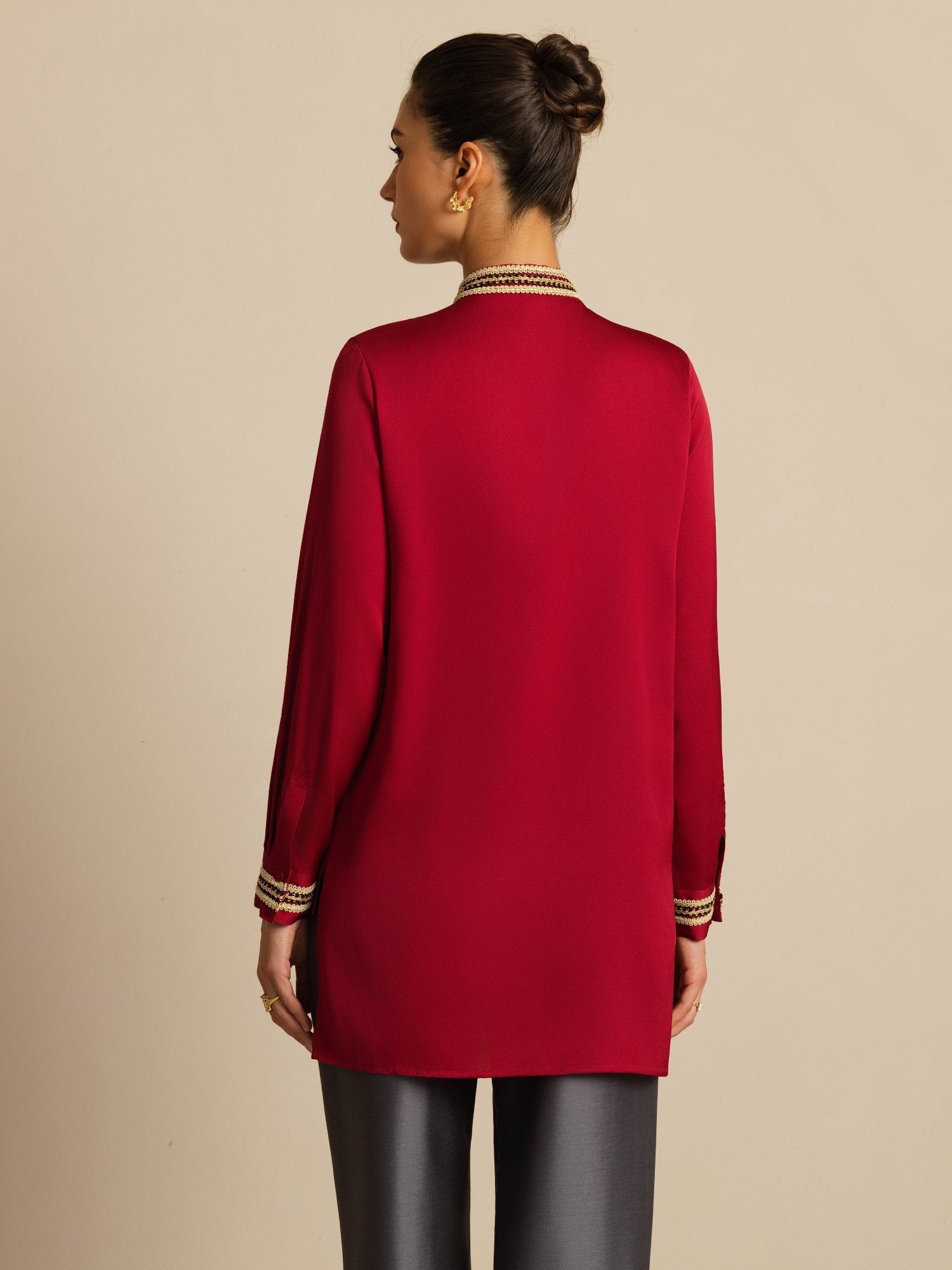 [Vin] SilkSilky-SE 19Momme Silke Lång Ärm Ståkrage Blus 002