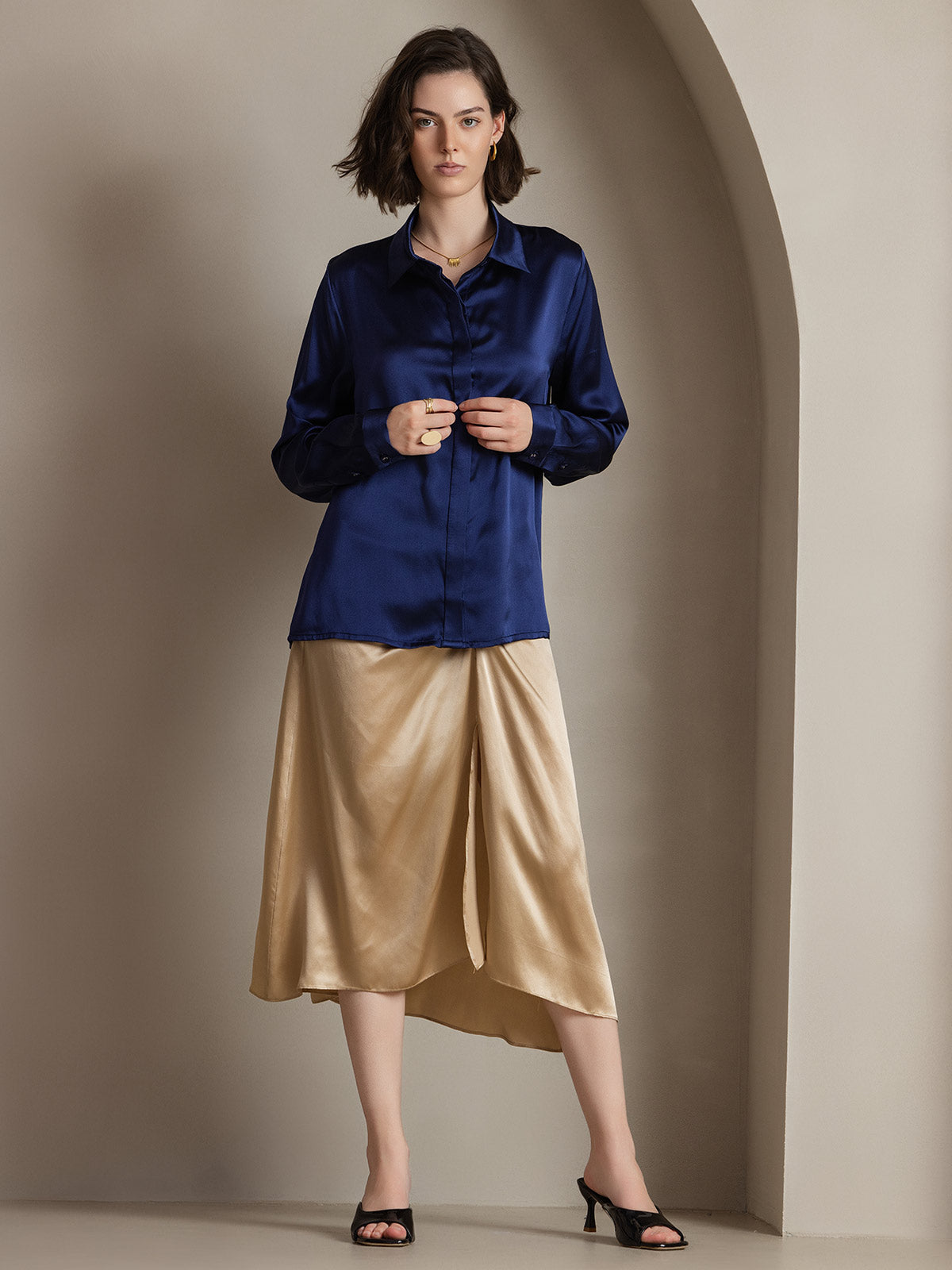 [Mörkblå] SilkSilky-SE 19Momme Silke Lapel Collar Damskjorta 003