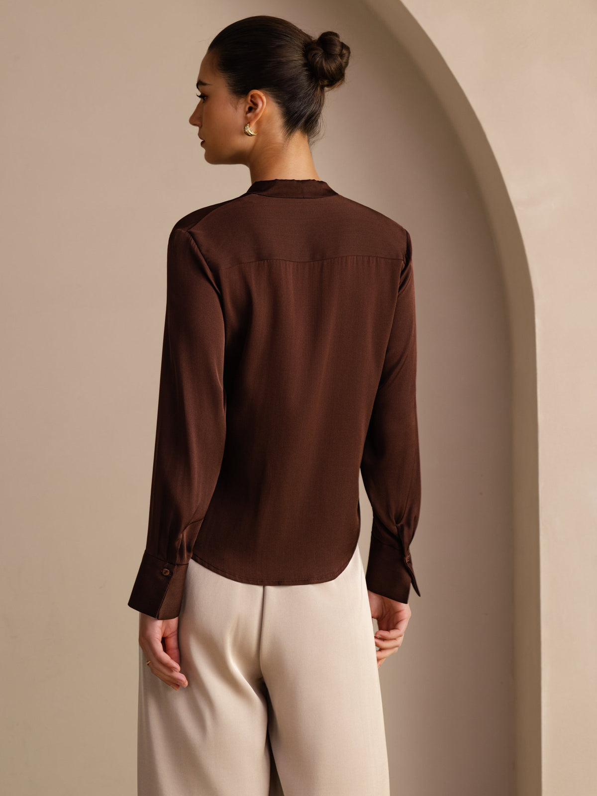 [Mörk Choklad] SilkSilky-SE Long Sleeve Tie Neck Damblusar 002