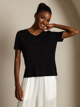 [Svart] SilkSilky-SE Short Sleeve V Neck Dam T-Shirt 007