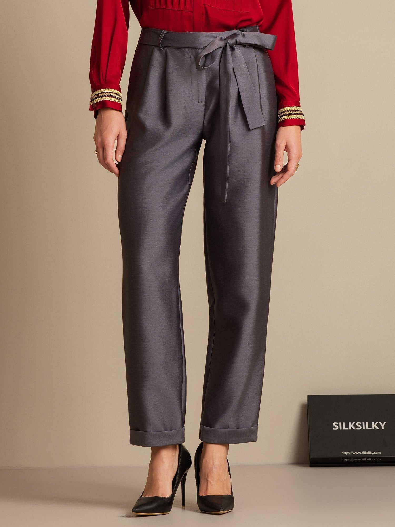 [Grå] SilkSilky-SE 32Momme Silk-Wool Blend Womens Pants 007,
