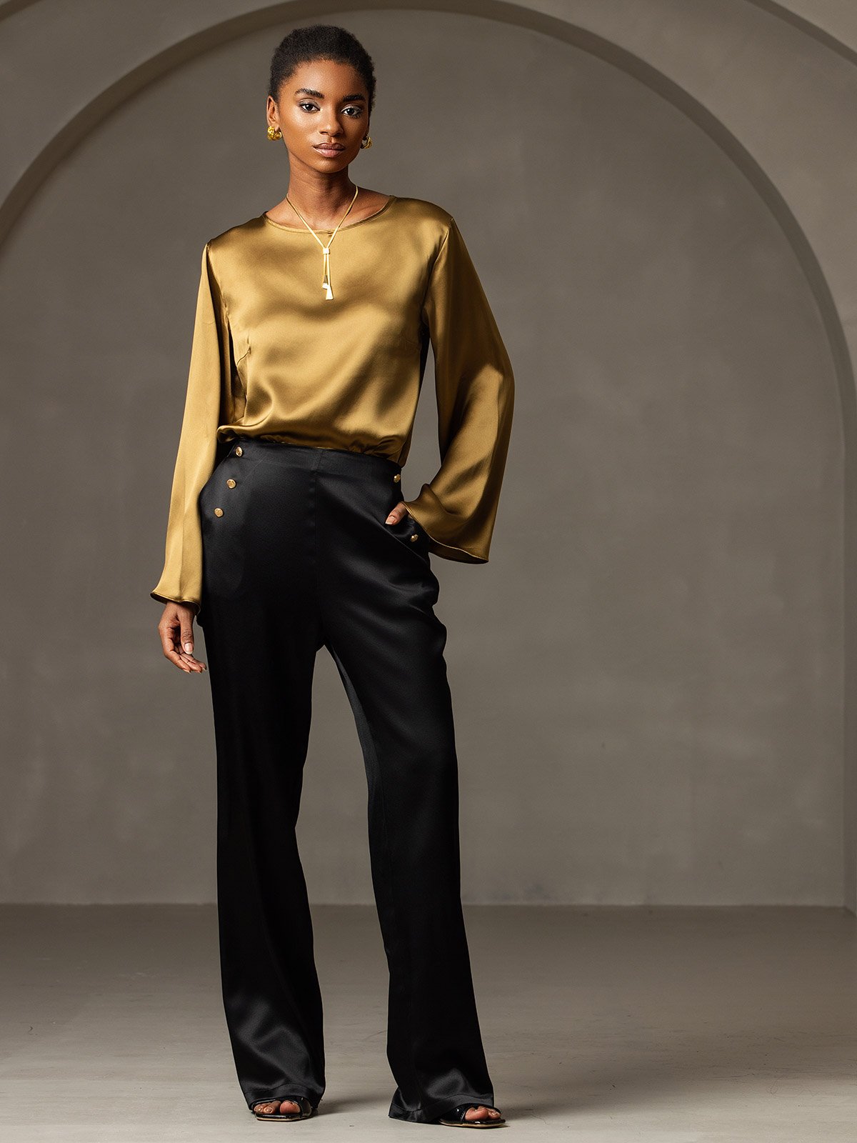[Svart] SilkSilky-SE 19Momme Silke Womens Pants 001