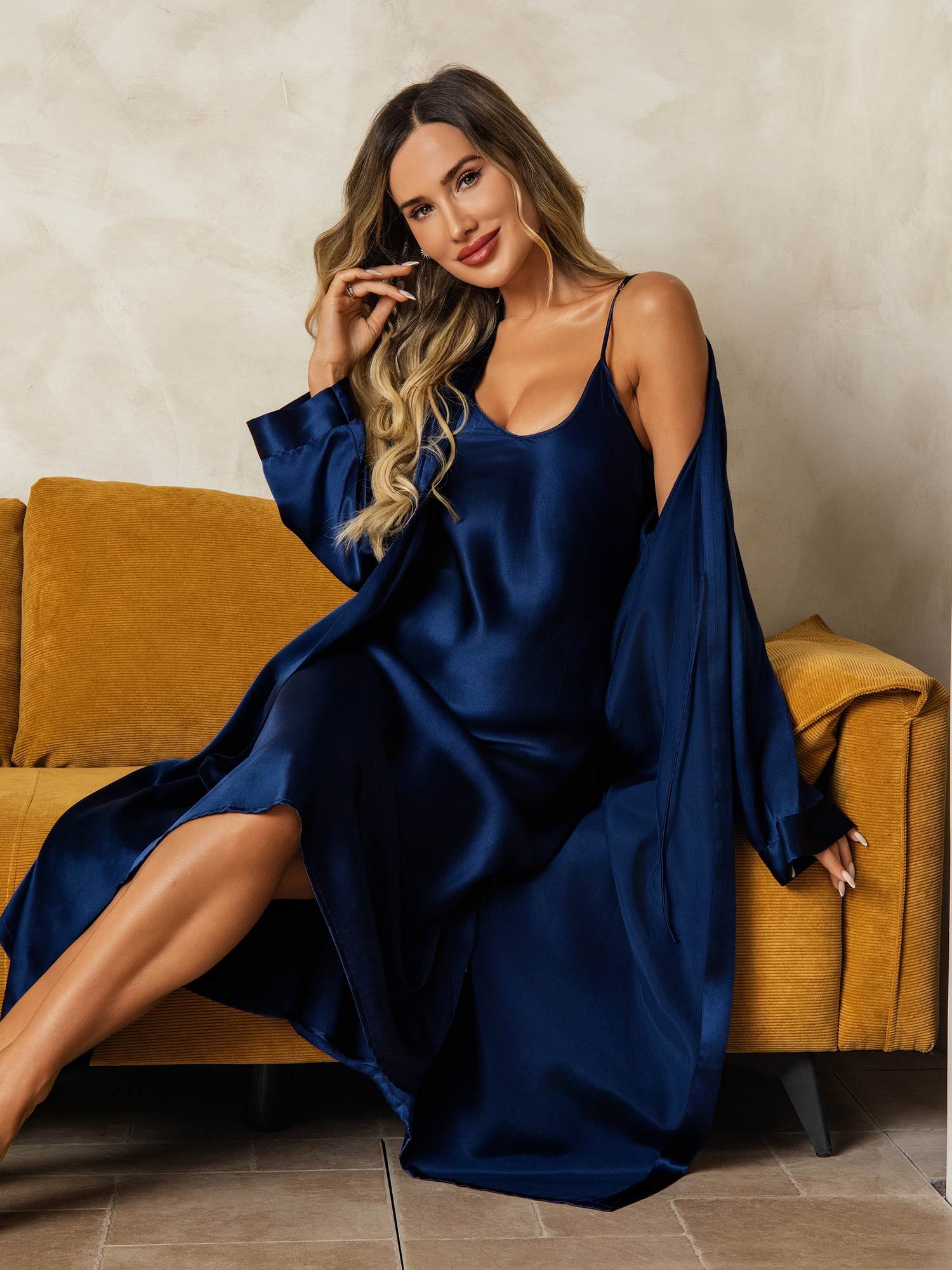 [Mörkblå] SilkSilky-SE Rent Silke Nightgown&Robe Set 006