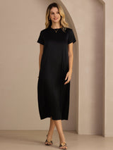 [Svart] SilkSilky-SE Short Sleeve Round Neck Klänning 007